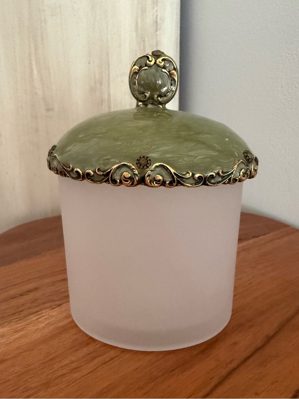 Mike & Ally Gold Enamel Frosted Glass Cotton Jar / Bath Container Lidded Box